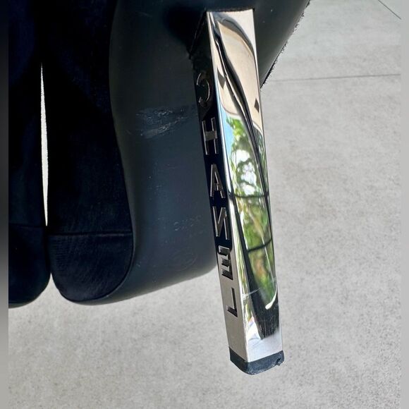 Chanel Logo Suede Lace Up Cap Toe Black Booties Metal Heel EU 38.5 C US 7.5-8 - Picture 4 of 10